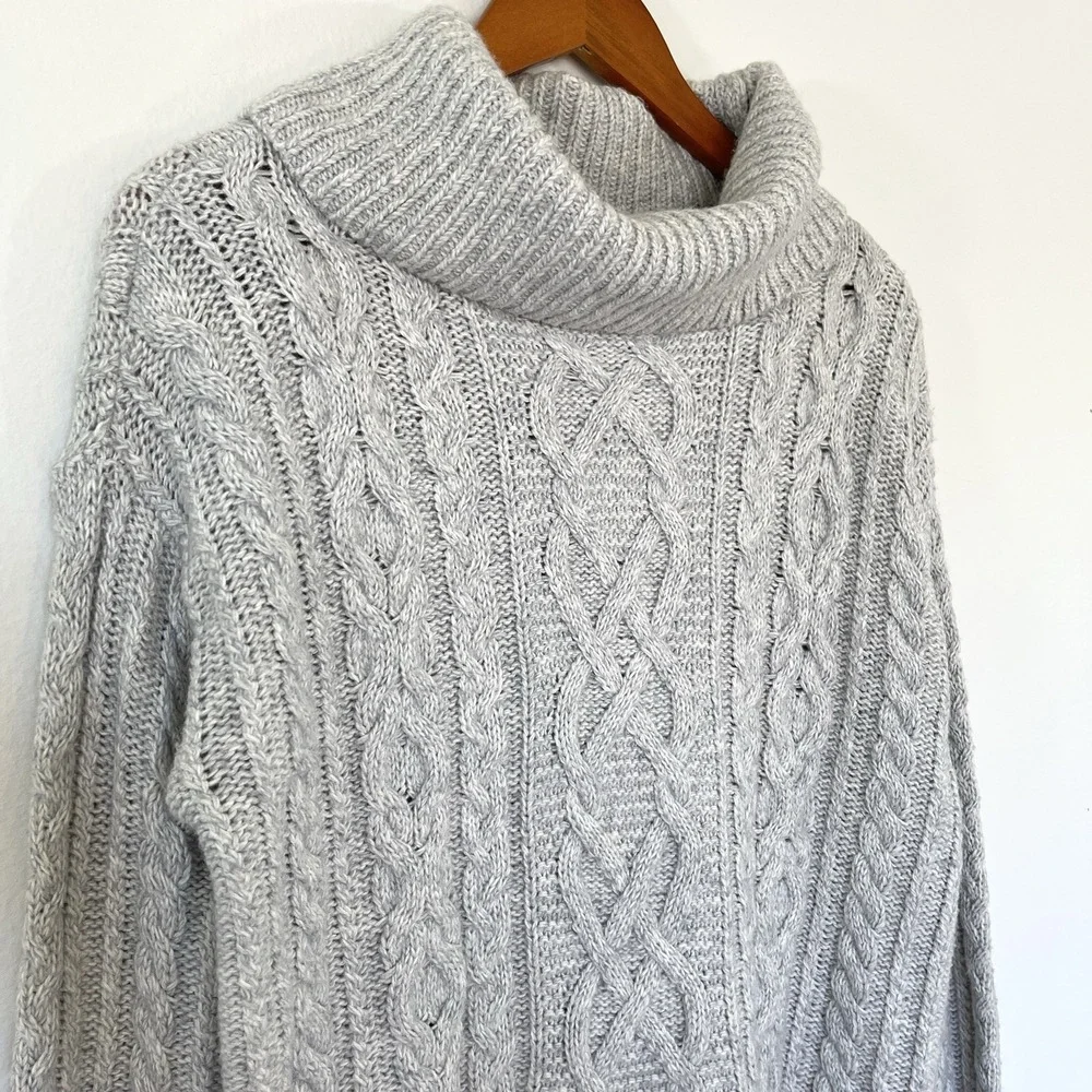 Loft Womens Cable‎ Knit Turtleneck Sweater Size M Gray Wool Cotton Fisherman
